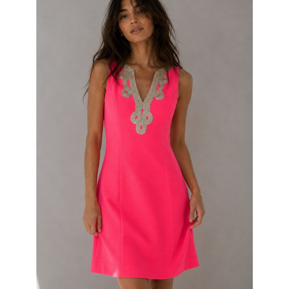 Vince Camuto Neon Pink Soutache Dress Metallic Embroidered Neckline Size 4